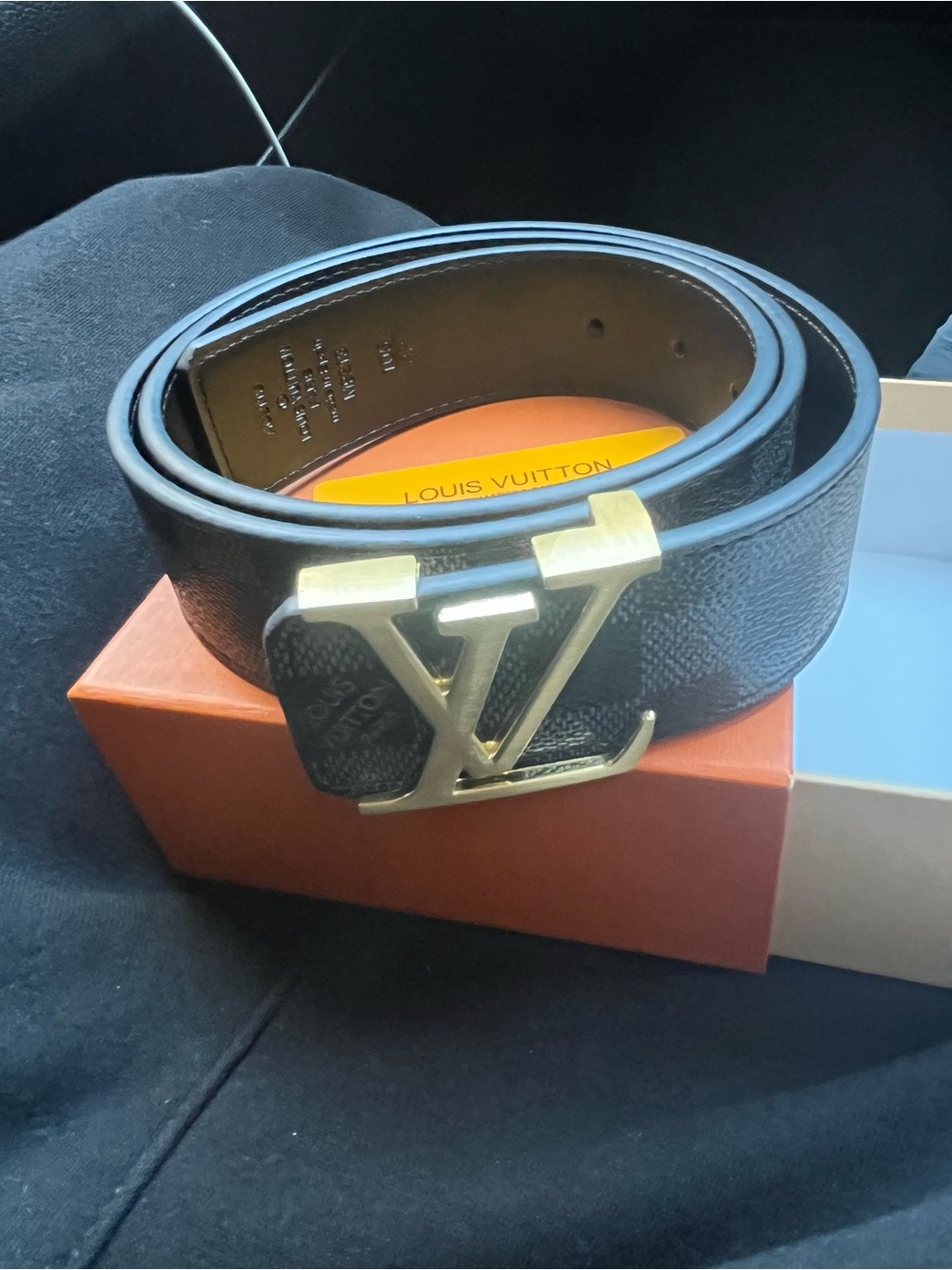 Louis Vuitton Black Leather Belt with Gold LV Buckle